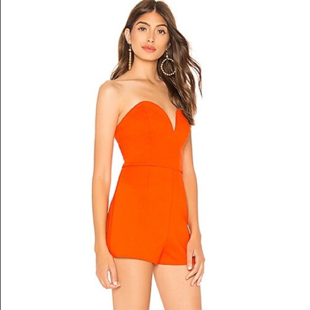 by the way. Shary Sweetheart Strapless Romper in Poppy Orange